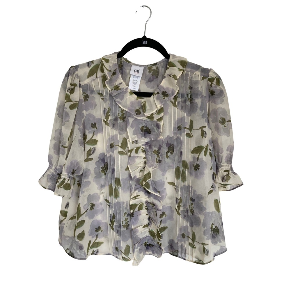 Cabi Floral Ruffle Pintuck Blouse Purple Green Short Sleeve Top 4720 Large